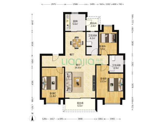 碧桂园嘉誉 3室1厅2卫 115平方