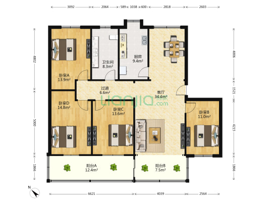 新时代购物广场 4室1厅1卫 148平方