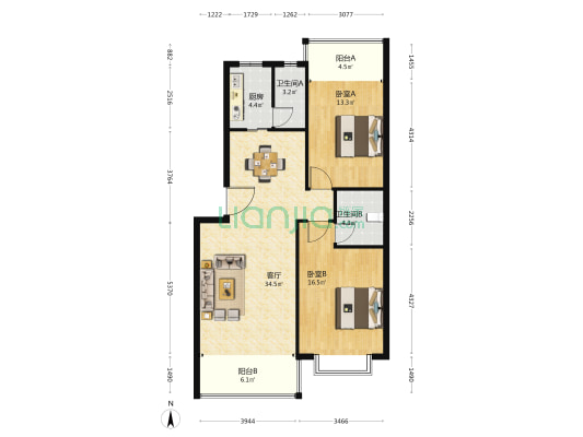 银港佳园 2室1厅2卫 104平方