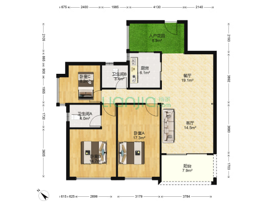 星恒园 3室2厅2卫 128平方