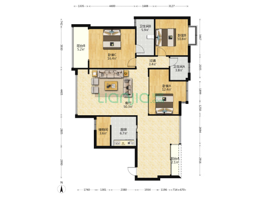 城市高度 3室1厅2卫 135平方