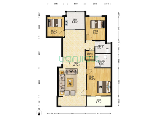 华鸿嘉辰锦园 3室1厅2卫 110平方
