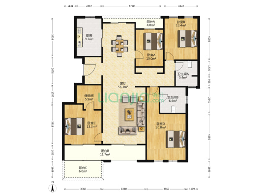 和家园雍园 4室1厅2卫 167平方