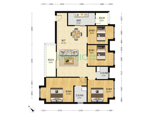 誉都 4室1厅2卫 127平方