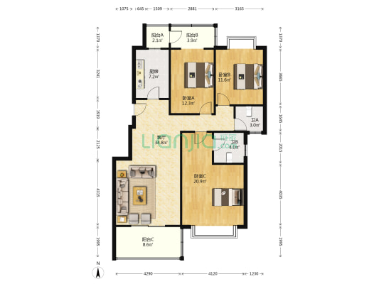 天一康园南区 3室1厅2卫 125平方