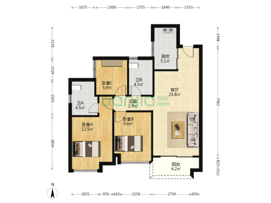 玖悦 3室1厅2卫 95平方