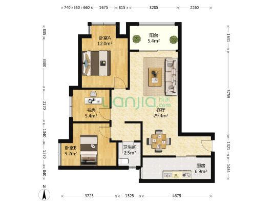 绿地海外滩罗丹公馆 3室1厅1卫 85平方