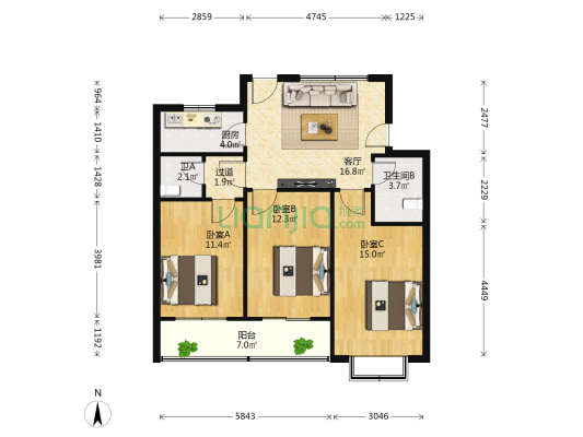 银亿园北楼小区 3室1厅2卫 92平方