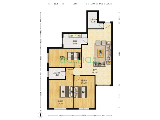 东港家园 3室1厅2卫 126平方
