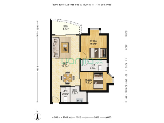 富丽家园丽水湾 2室1厅2卫 68平方