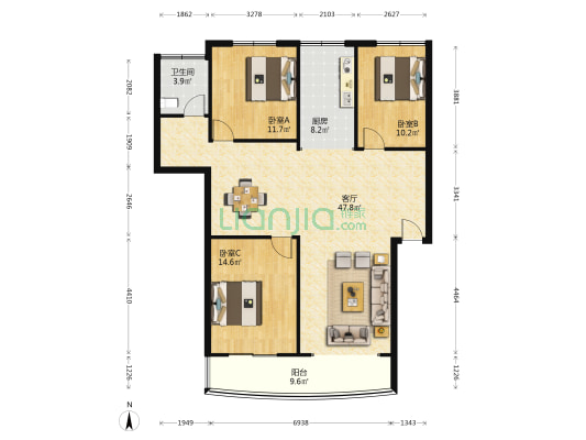 恒祥公寓 3室1厅1卫 129平方