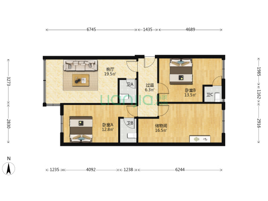 福田供电局宿舍 2室1厅3卫 78平方
