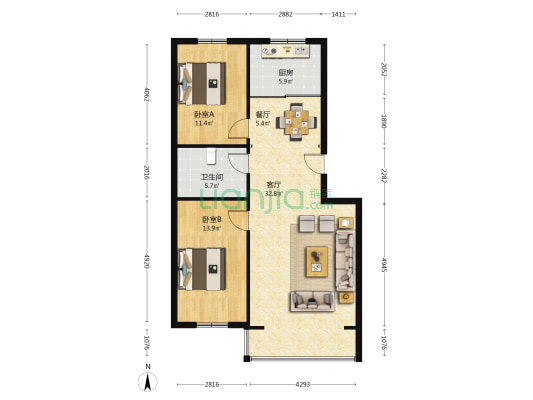 东方新居 2室2厅1卫 98平方