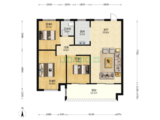 昊源东湖名筑 3室1厅1卫 115平方