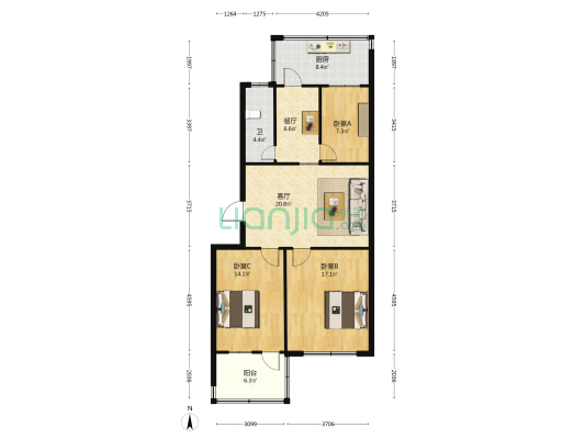 华裕小区 3室2厅1卫 105平方