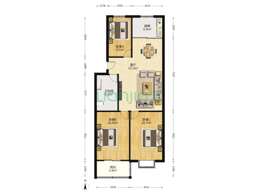 金茂花园 3室1厅1卫 120平方