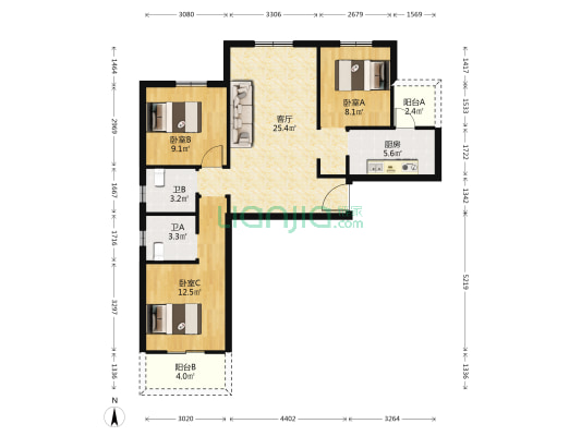时代花园西区 3室1厅2卫 98平方