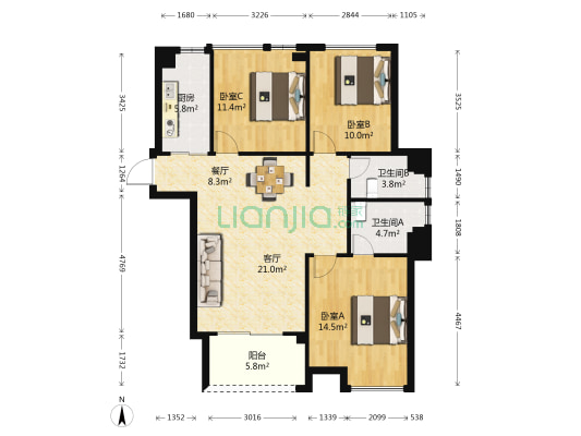 正荣财富中心 3室2厅2卫 105平方