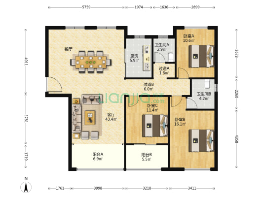 民发汉江一品D区 3室1厅2卫 138平方