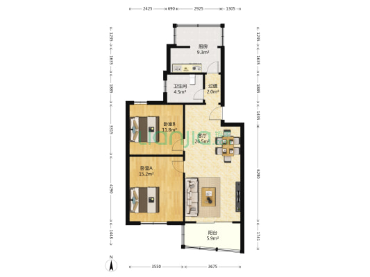 兰桂坊 2室1厅1卫 88平方