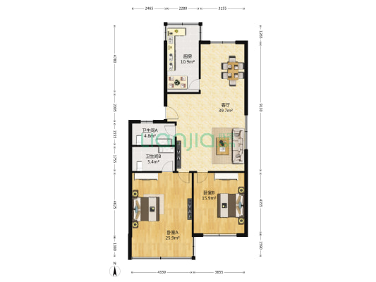 信海花园 2室1厅2卫 123平方
