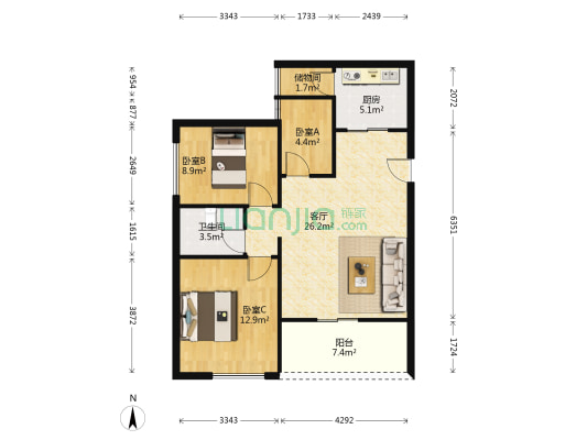 天怡广场 3室1厅1卫 84平方