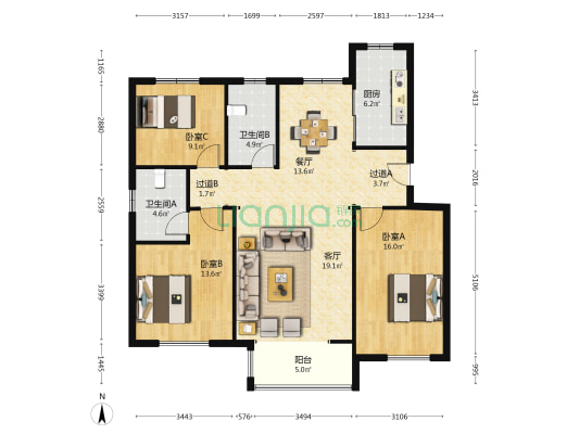 幸福里 3室2厅2卫 120平方