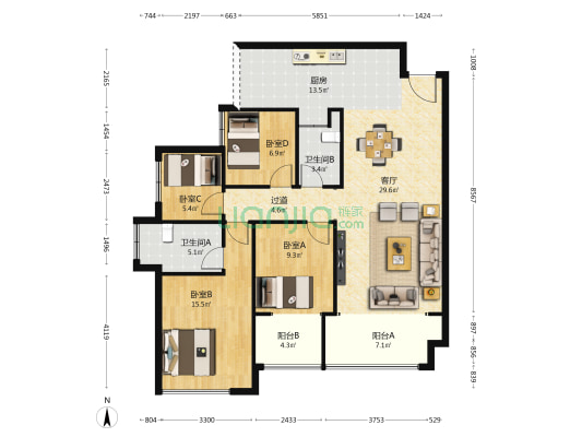 海成南滨上院E1区 4室1厅2卫 117平方