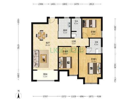 枫林雅苑 3室1厅2卫 107平方