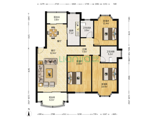 华国家园 3室1厅2卫 125平方