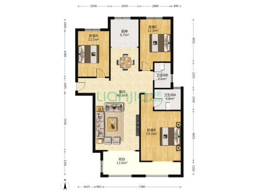 置地开来花园 3室1厅2卫 143平方