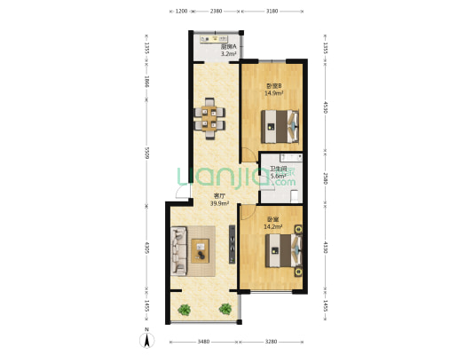 西泽园北区 2室1厅1卫 91平方