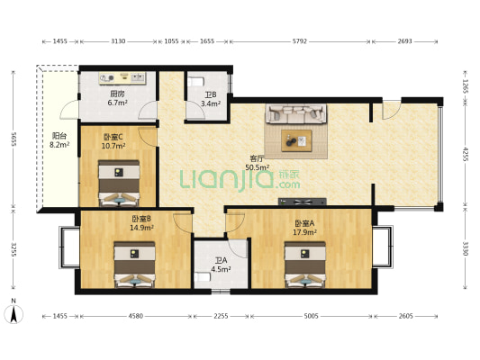 滨河阳光三期 3室1厅2卫 126平方