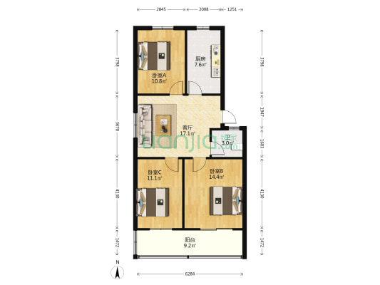 迎奥花园一期 3室1厅1卫 91平方