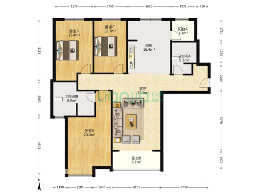 金品时代 三居室 毛坯房 房本税费低  高品质社区-户型图