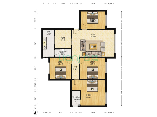 金丰花园(万江区) 4室2厅2卫 119平方
