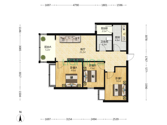碧桂园·三亚海 3室1厅1卫 81平方