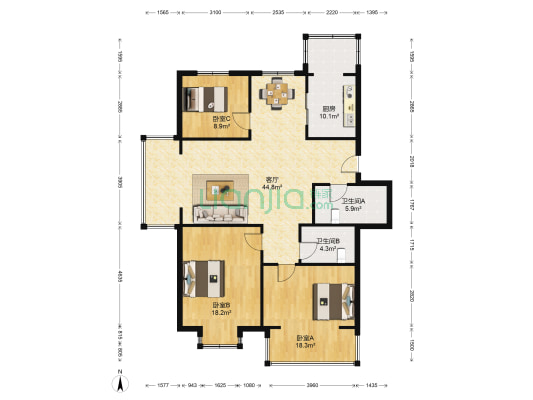 闲庭花园 3室1厅2卫 135平方
