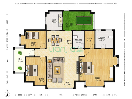 景山一号 3室2厅2卫 158平方