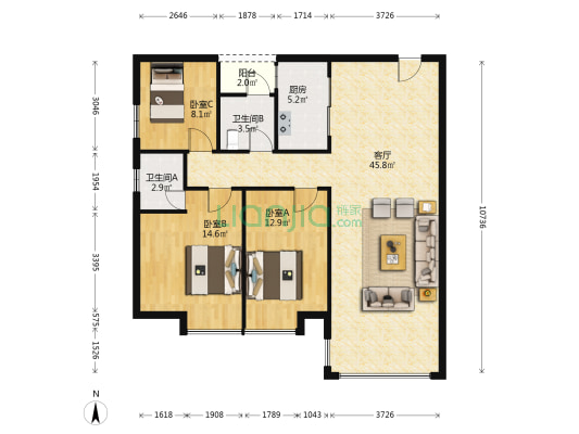 阳光天成 3室1厅2卫 112平方