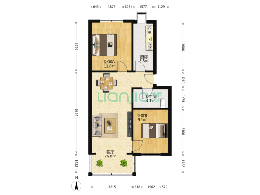 医保宿舍 2室1厅1卫 72平方