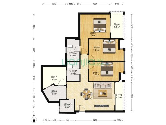 三正半山豪苑椰林园 3室1厅2卫 117平方