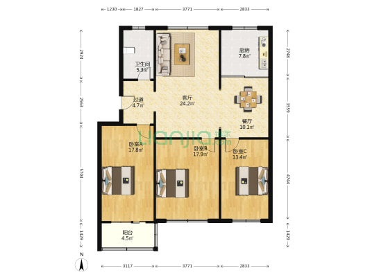 星火花苑B区 3室2厅1卫 126平方