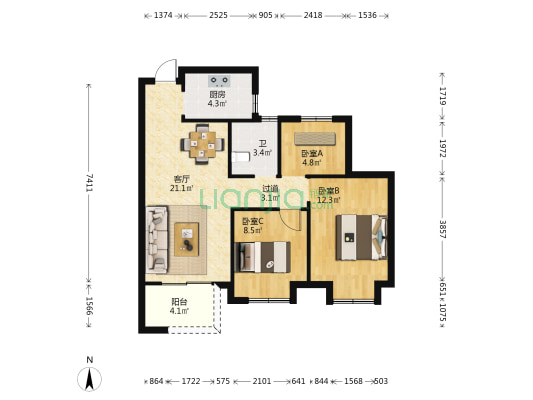 熙德名府 3室1厅1卫 85平方