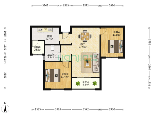 龙信玉园 2室1厅1卫 91平方
