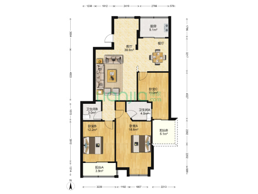 锦江西苑 3室1厅2卫 121平方