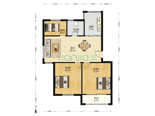 苏东翡翠园 3室1厅1卫 108平方