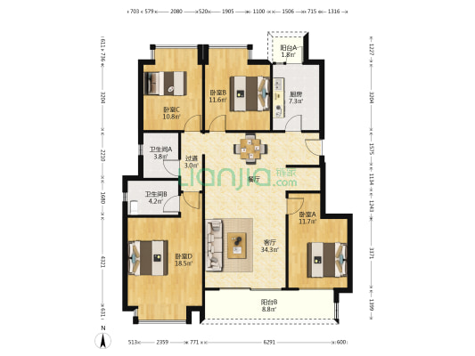 中洲中央公园五期御湖湾 4室1厅2卫 132平方