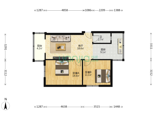 环保局宿舍 2室1厅1卫 66平方
