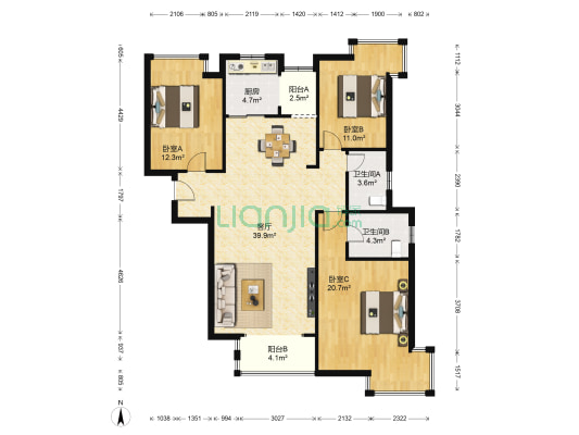 浐灞半岛A14区 3室1厅2卫 141平方